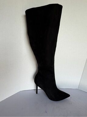 Black Suede Wide Calf Knee-High Boots Faux Suede 10
